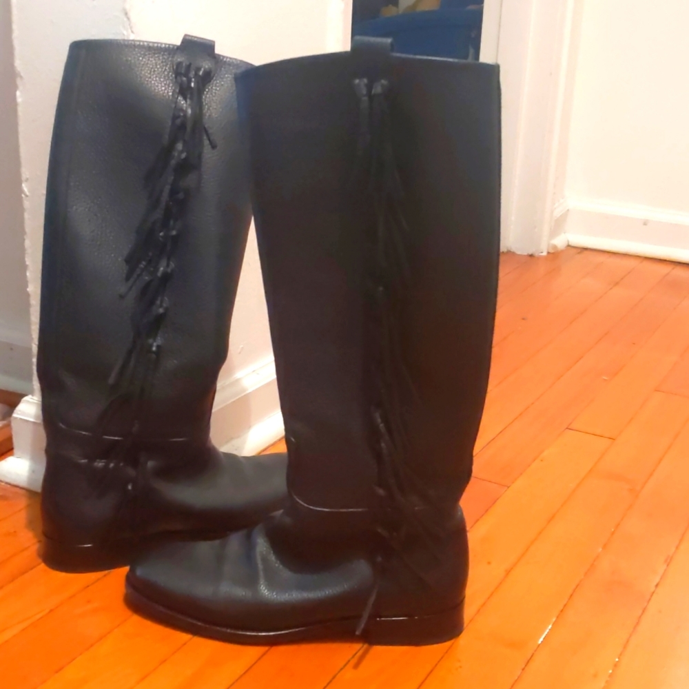 Black Valentino Garavani knee high fringe boots. Size 9 (40)